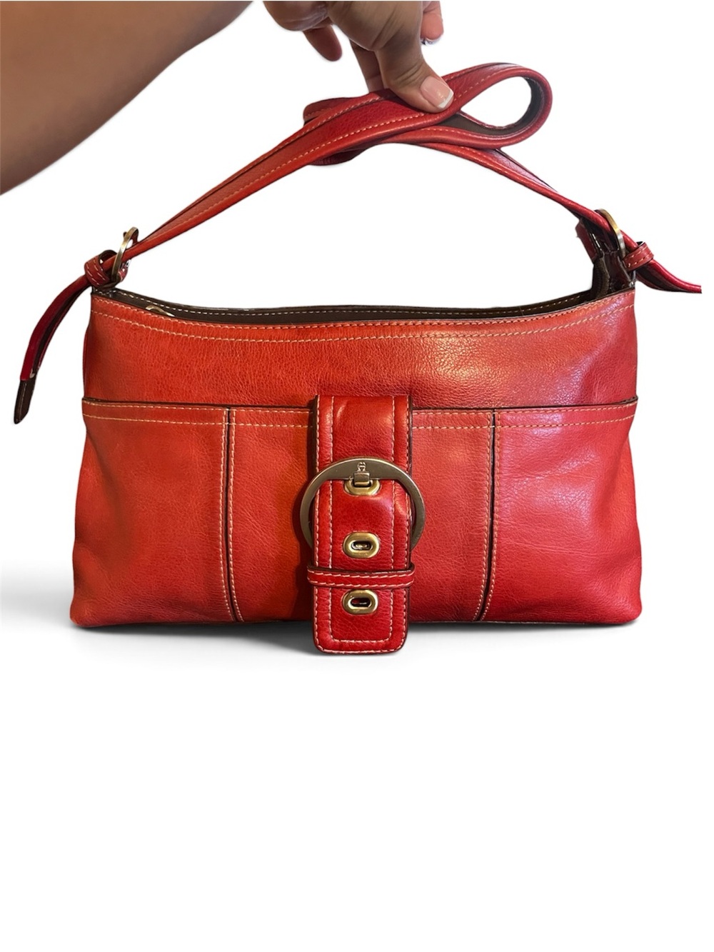 Etienne Aigner Red Leather Shoulder Bag with Buckle Detail